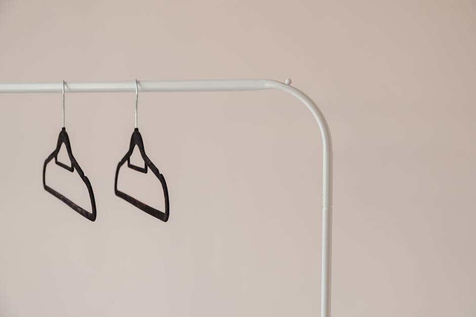 A simple, modern clothing rack with two black hangers against a neutral background.